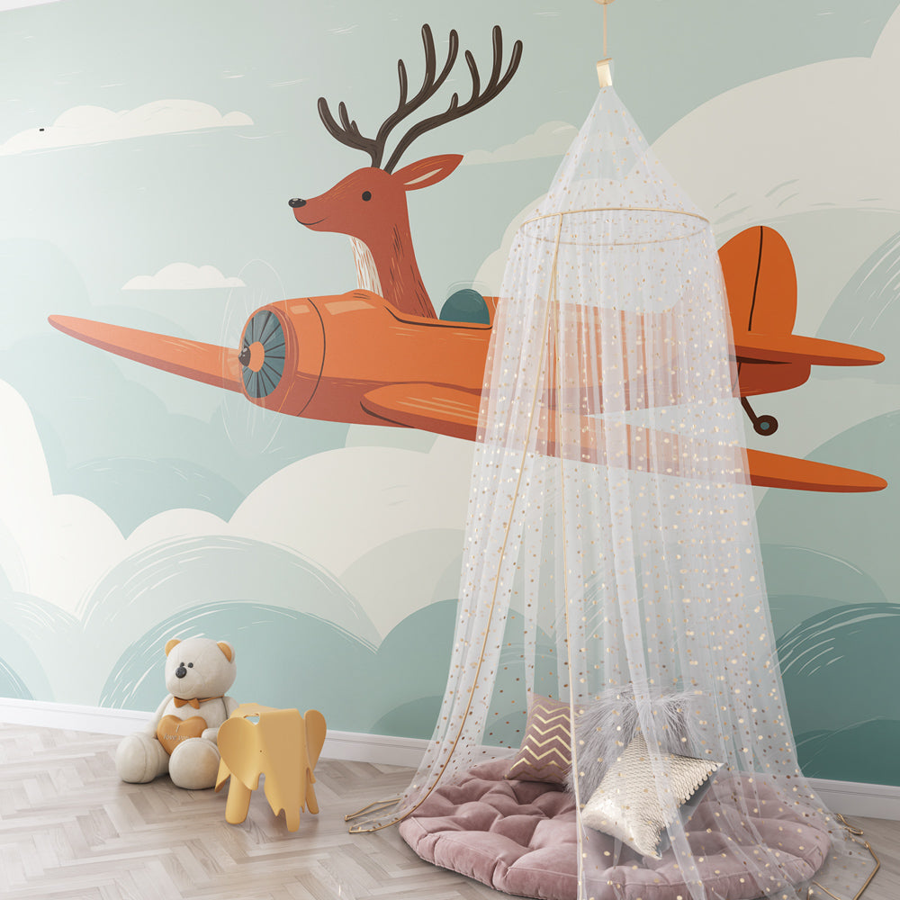Flying deer airplane wallpaper transforming toddler room into adventure space by Kids-Mundo