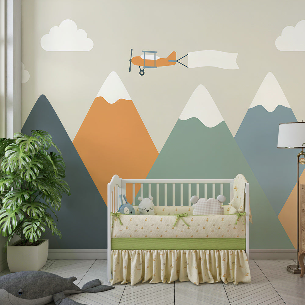 Mountain landscape wallpaper with airplane inspiring imaginative play in children's room