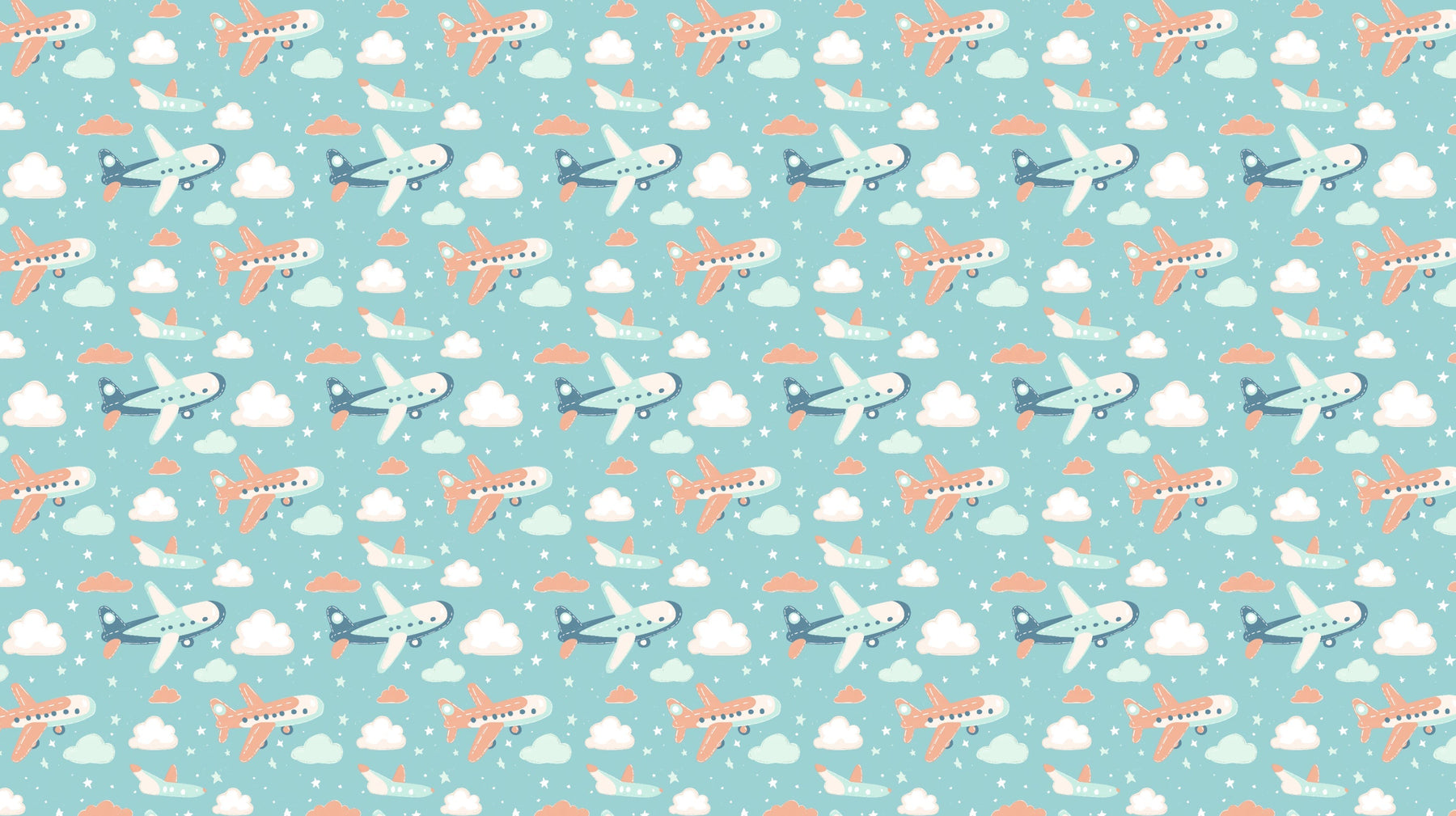 Detailed airplane mural wallpaper design pattern showing colorful planes and clouds by Kids-Mundo