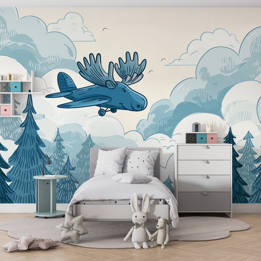 Forest airplane wallpaper creating peaceful children's bedroom decor with wooden furniture