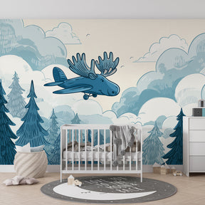 Charming airplane and forest mural wallpaper transforming toddler room into adventure space