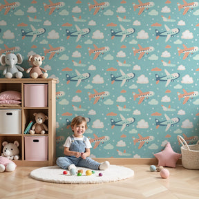 Colorful airplane mural wallpaper in modern nursery with blue skies and planes by Kids-Mundo