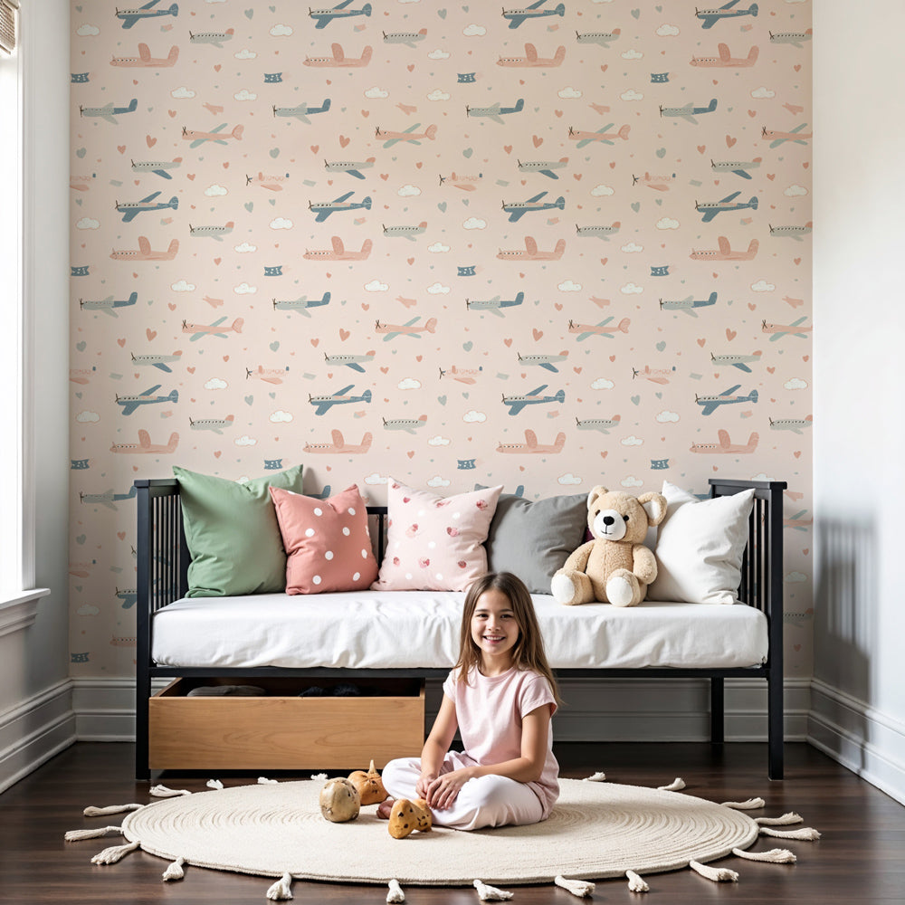 Cute airplane mural wallpaper creating dreamy aviation nursery decor by Kids-Mundo