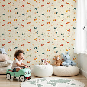 Colorful airplane mural wallpaper in modern nursery with cream background by Kids-Mundo