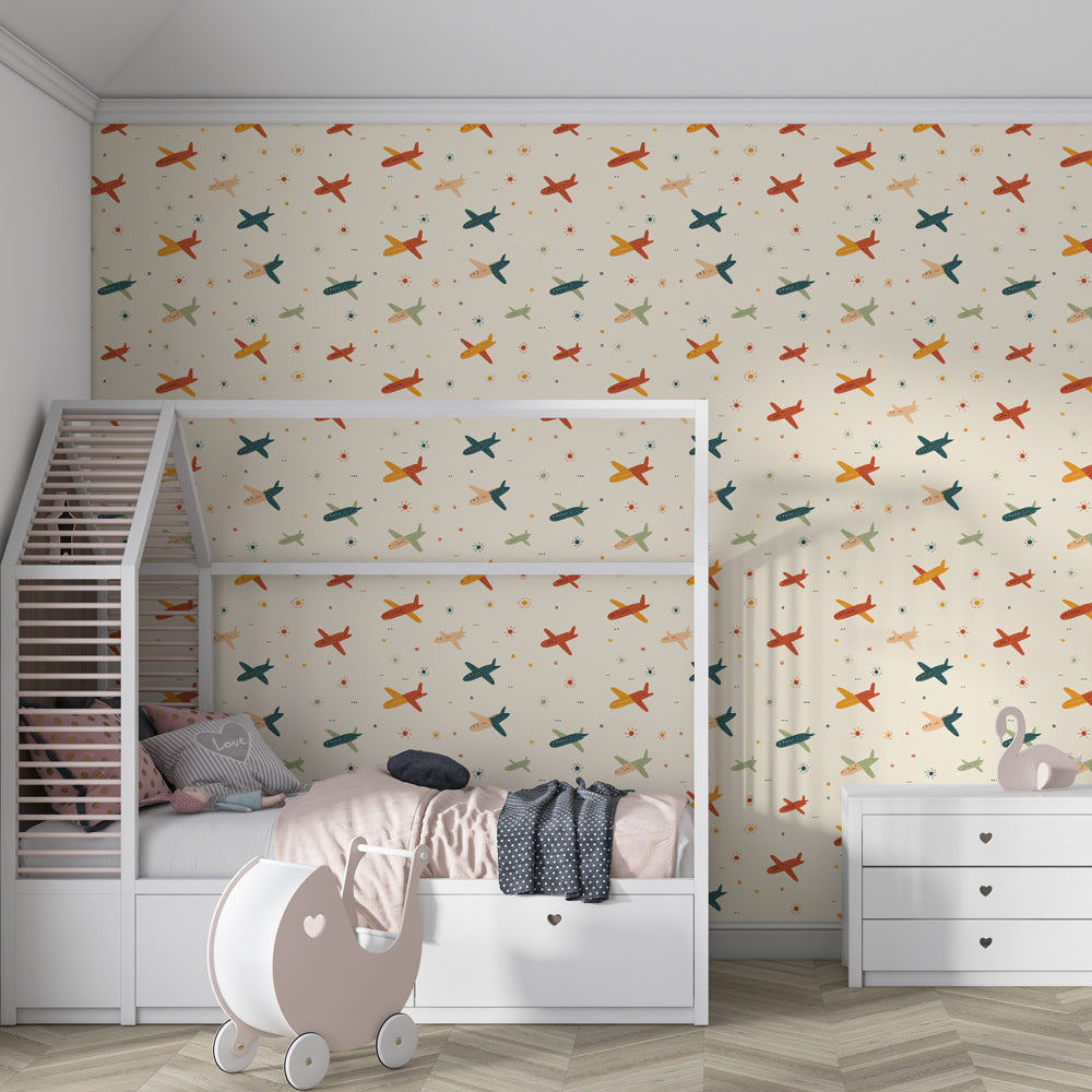 Multicolored planes wallpaper transforming playroom into adventure zone for kids