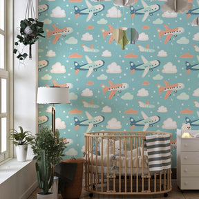 Airplane wallpaper accent wall in bright children's playroom with vintage aircraft design