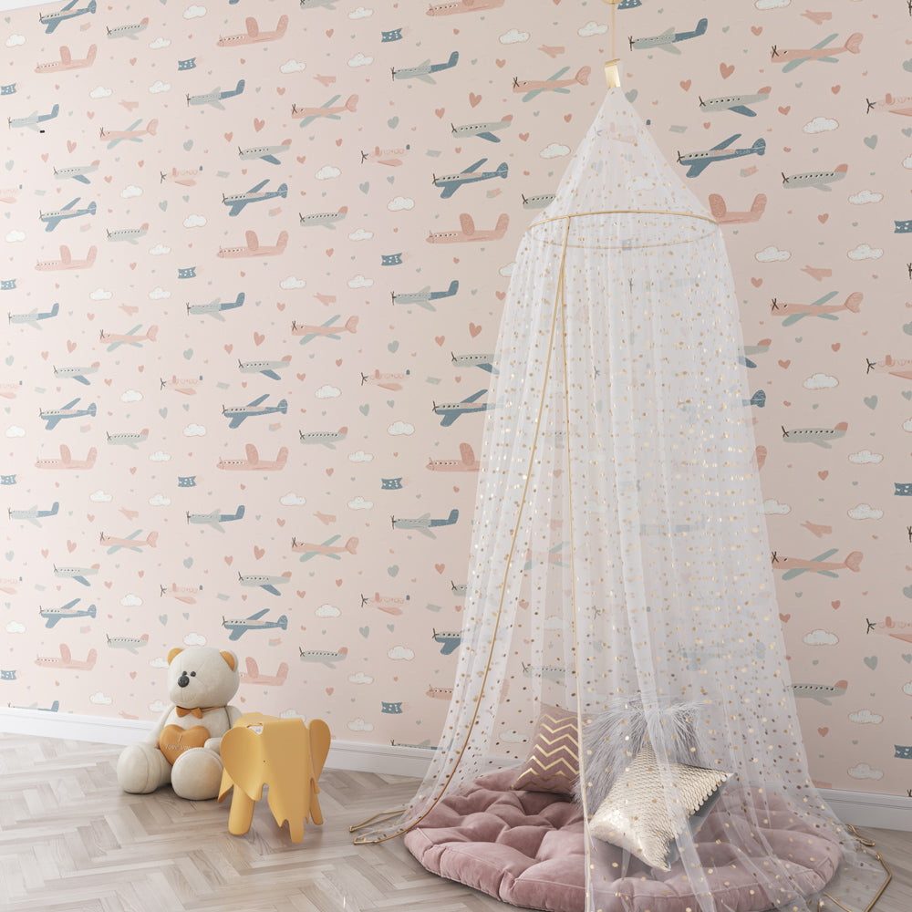 Whimsical airplane mural wallpaper creating imaginative playroom atmosphere by Kids-Mundo