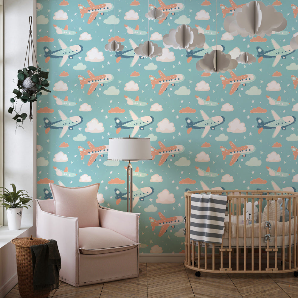 Aviation themed mural wallpaper creating adventurous atmosphere in toddler bedroom decor
