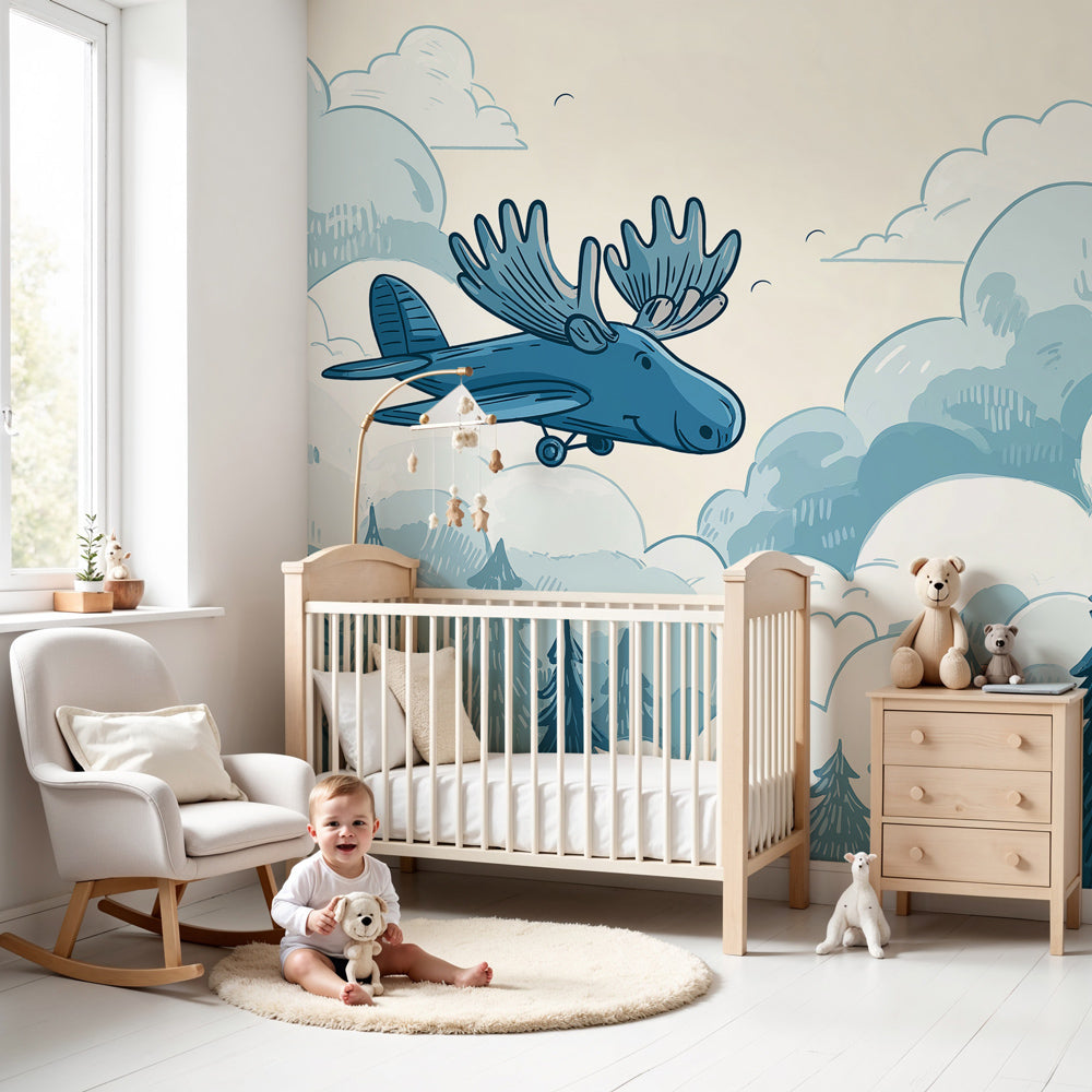 Airplane woodland adventure mural wallpaper in modern kids nursery by Kids-Mundo