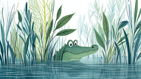 Detailed curious alligator mural wallpaper design pattern with aquatic vegetation by Kids-Mundo