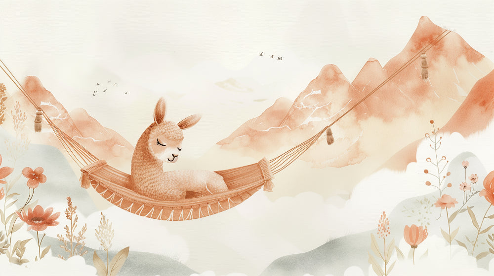 Detailed alpaca hammock mural wallpaper design pattern with pastel mountains by Kids-Mundo