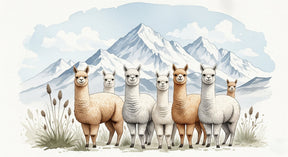 Detailed alpaca mountain mural wallpaper design pattern showing cheerful animals by Kids-Mundo