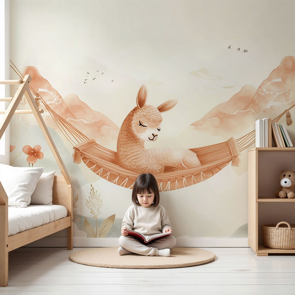 Alpaca mural wallpaper with dreamy hammock creating peaceful nursery decor by Kids-Mundo