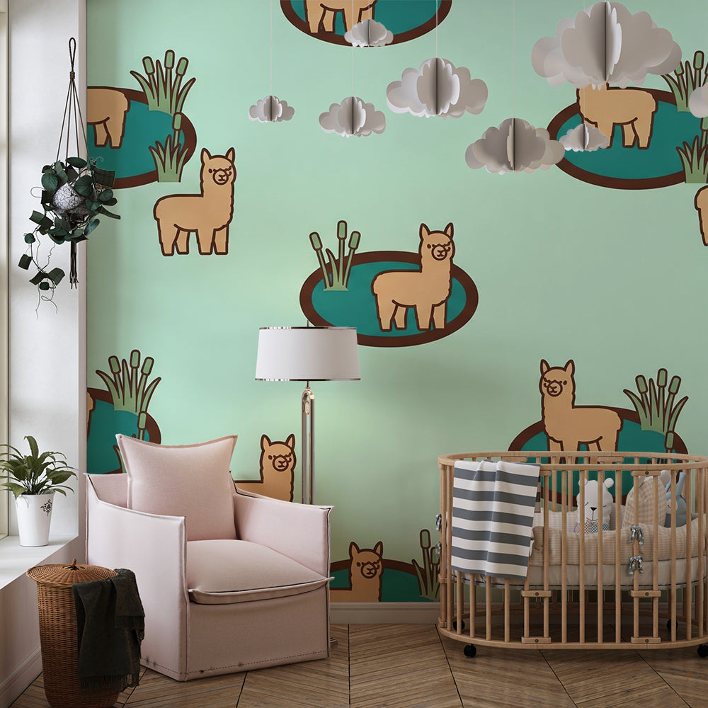 Kids-Mundo alpaca wall mural styled in a bright kids bedroom, adding a playful pond scene to the wall.