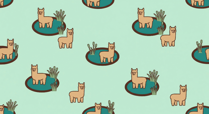Kids-Mundo alpaca wall mural artwork showing gentle alpacas beside teal ponds on a mint green background.