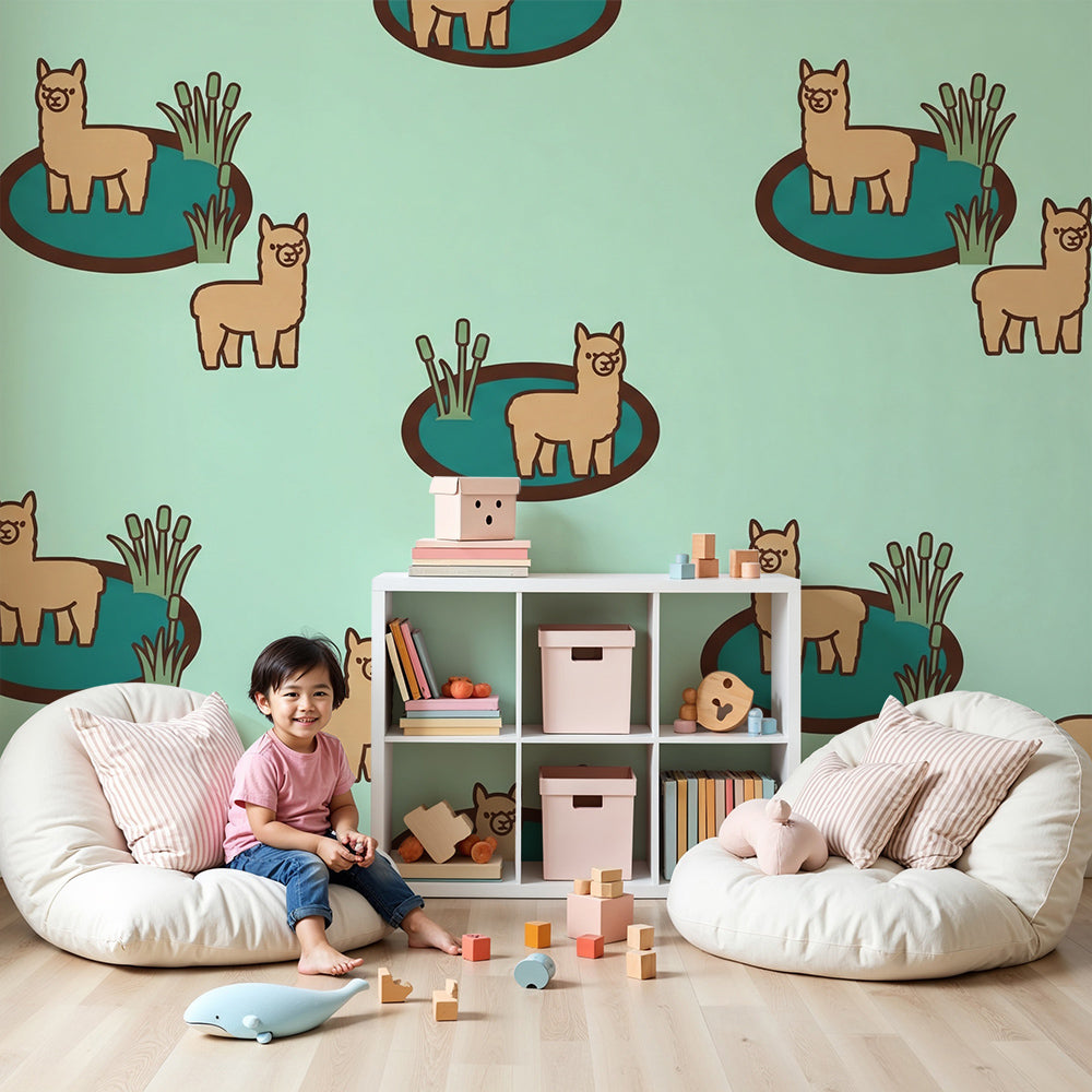 Kids-Mundo alpaca wall mural in a soft mint nursery, made to measure for a calming baby room feature wall.