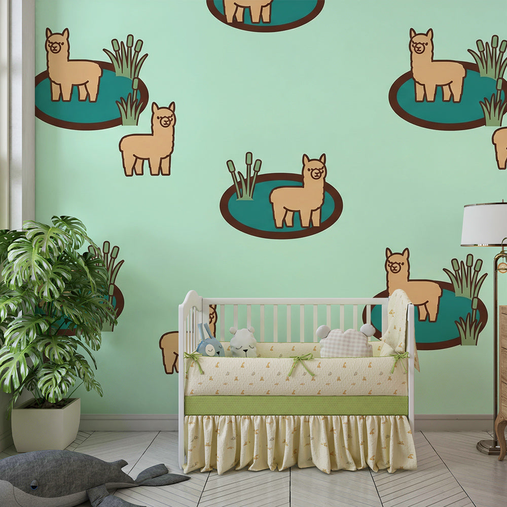 Kids-Mundo alpaca wall mural brightening a playroom, made to measure with a cheerful pond and meadow design.