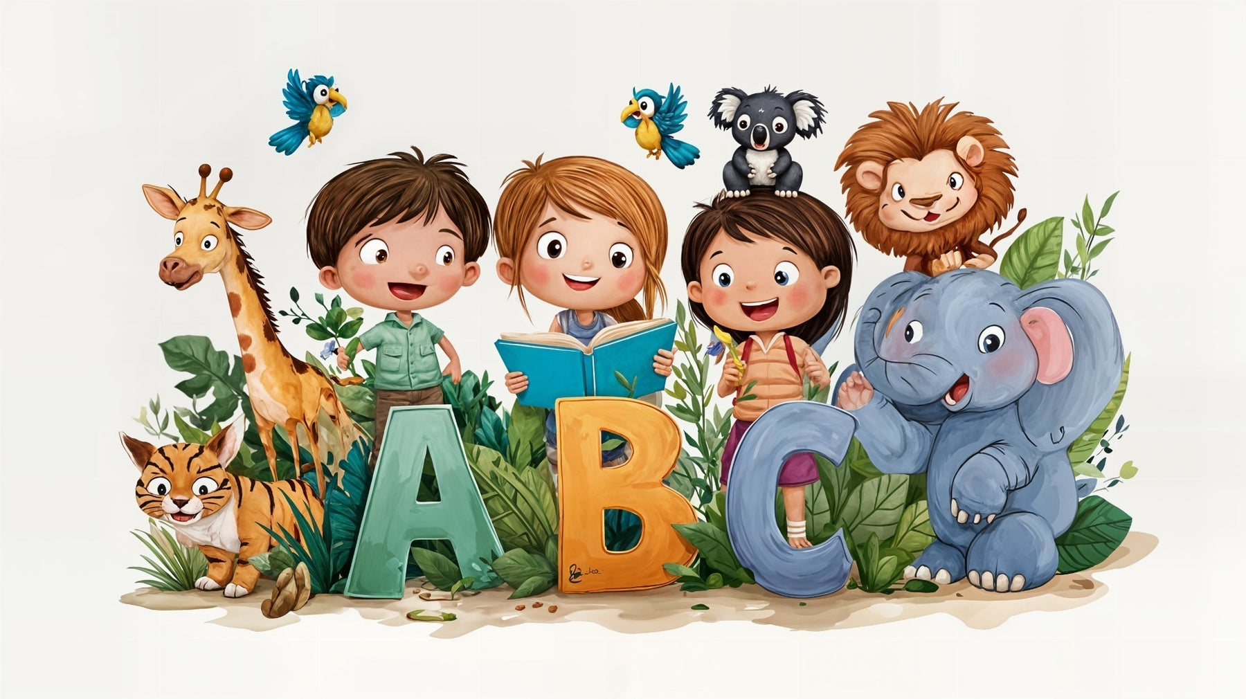 Detailed alphabet animals mural wallpaper design pattern with jungle explorers by Kids-Mundo