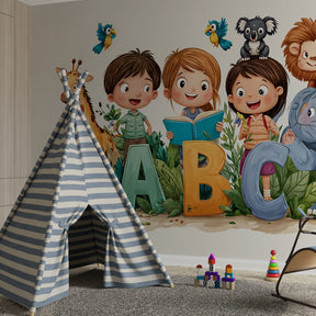 Educational alphabet wallpaper creating interactive learning space in children's playroom