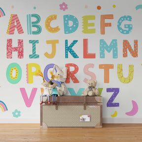 Educational alphabet wallpaper transforming kids playroom into interactive learning space