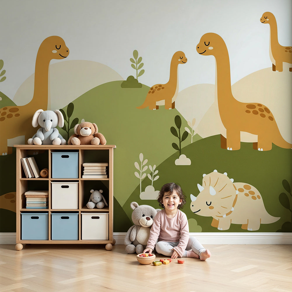 Kids-Mundo amber hills dinosaur family mural in a warm-toned nursery with cot