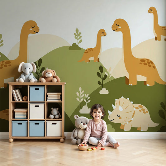 Kids-Mundo amber hills dinosaur family mural in a warm-toned nursery with cot