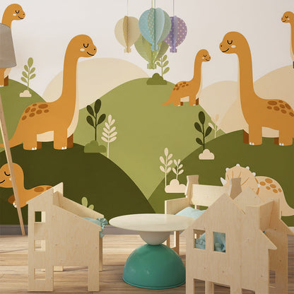 Kids-Mundo amber hills dinosaur mural covering a playroom wall with wooden toys