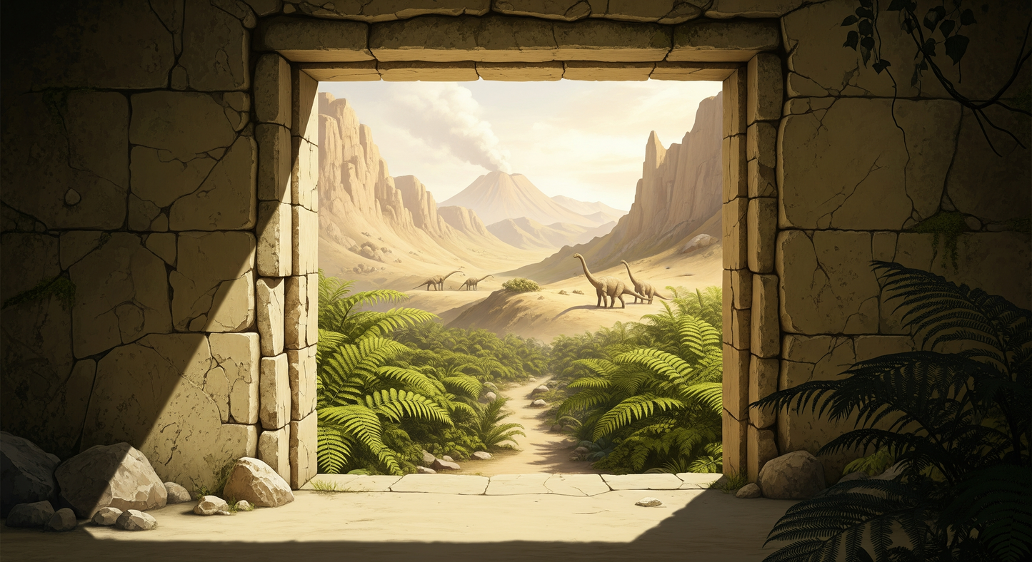 Kids-Mundo flat artwork of a stone doorway opening onto a prehistoric dinosaur valley