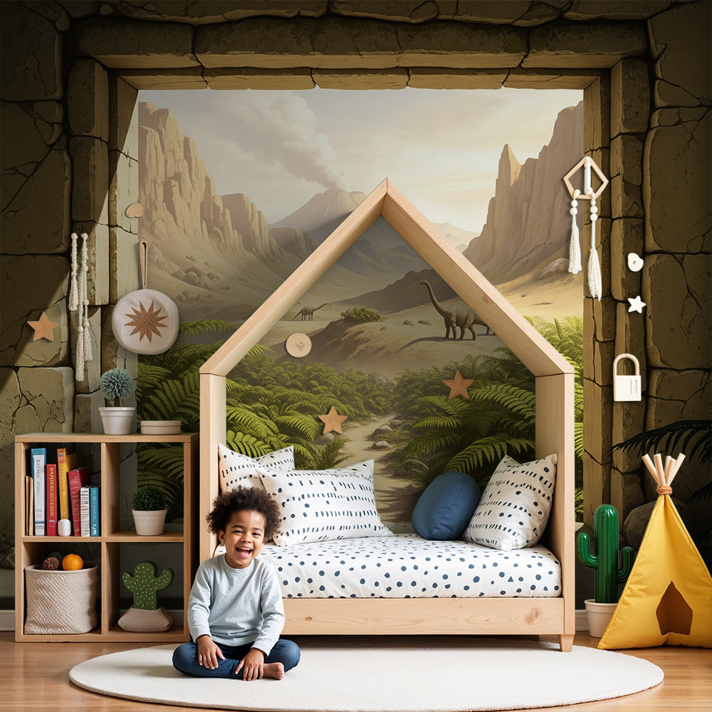 Kids-Mundo ancient doorway dinosaur mural in a calm neutral nursery with cot and rug