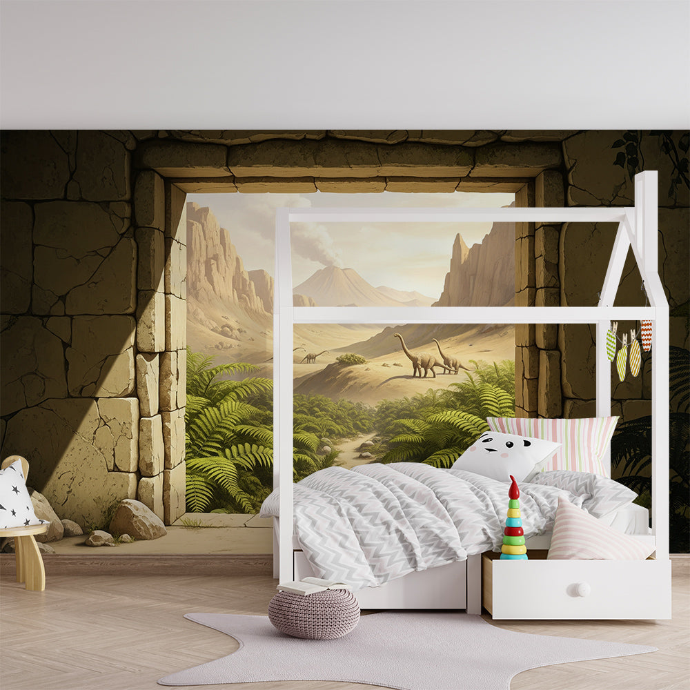 Kids-Mundo stone archway dinosaur mural covering a playroom feature wall