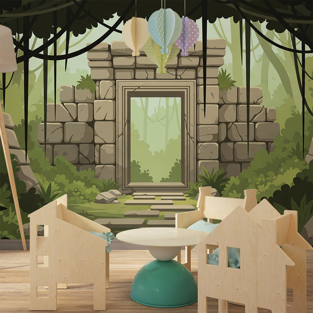 Kids-Mundo jungle ruins wall mural covering a feature wall in a child's adventure-themed bedroom.
