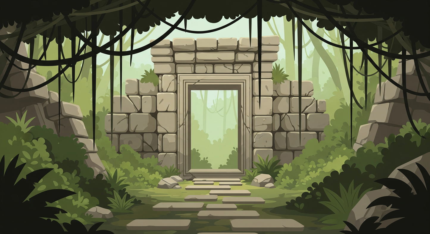 Kids-Mundo flat artwork of an ancient stone jungle temple doorway mural design with hanging vines.
