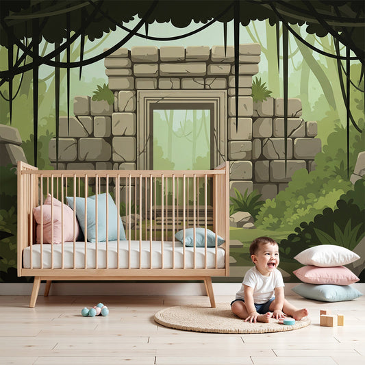 Kids-Mundo jungle temple doorway wall mural installed in a soft neutral nursery accent wall.