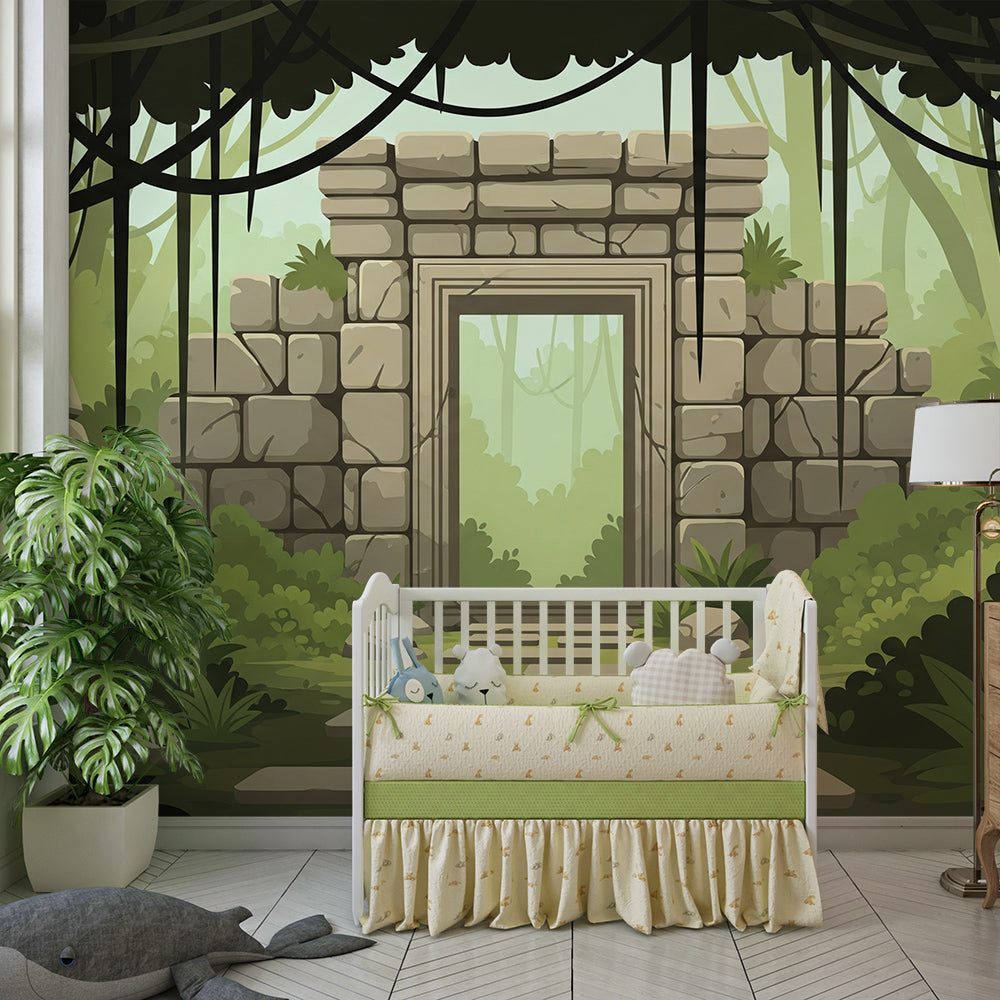 Kids-Mundo stone archway jungle mural transforming a bright playroom into an explorer's hideout.