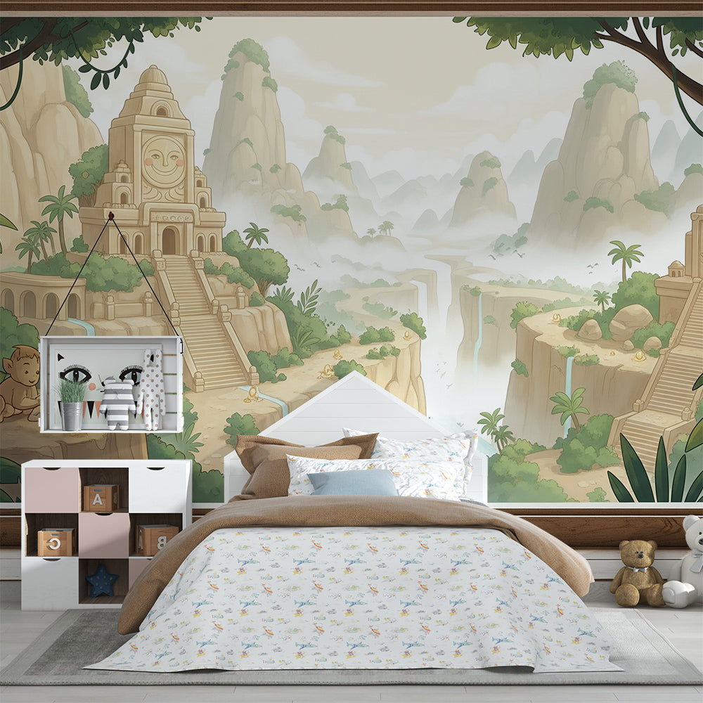 Kids-Mundo jungle temple wall mural with waterfalls covering a wall in a kids bedroom