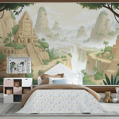 Kids-Mundo jungle temple wall mural with waterfalls covering a wall in a kids bedroom