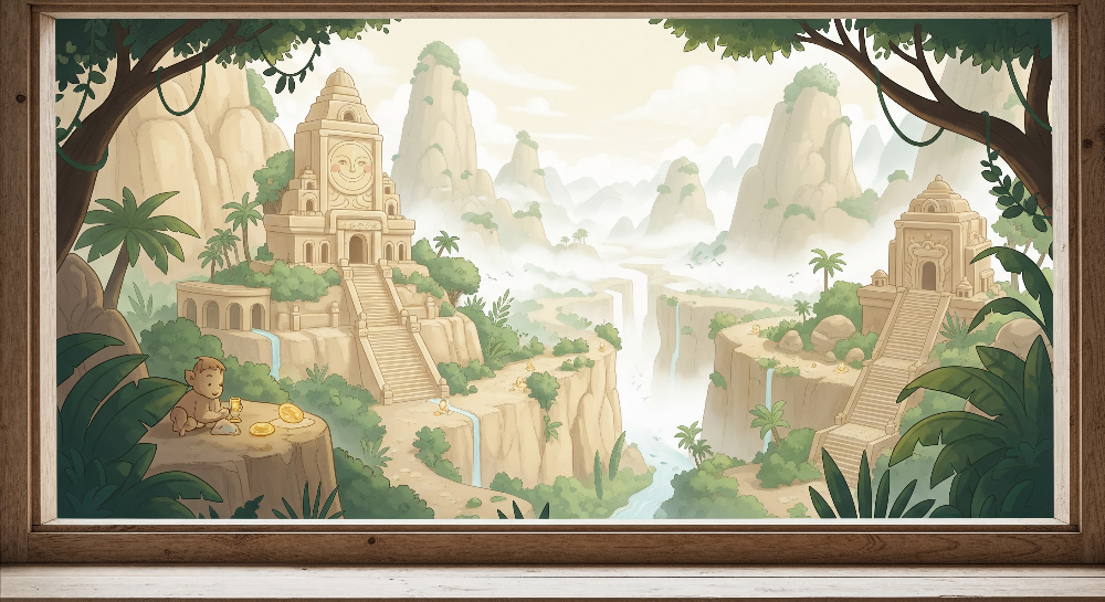 Flat artwork of the Kids-Mundo ancient jungle temple wall mural with waterfalls and monkey