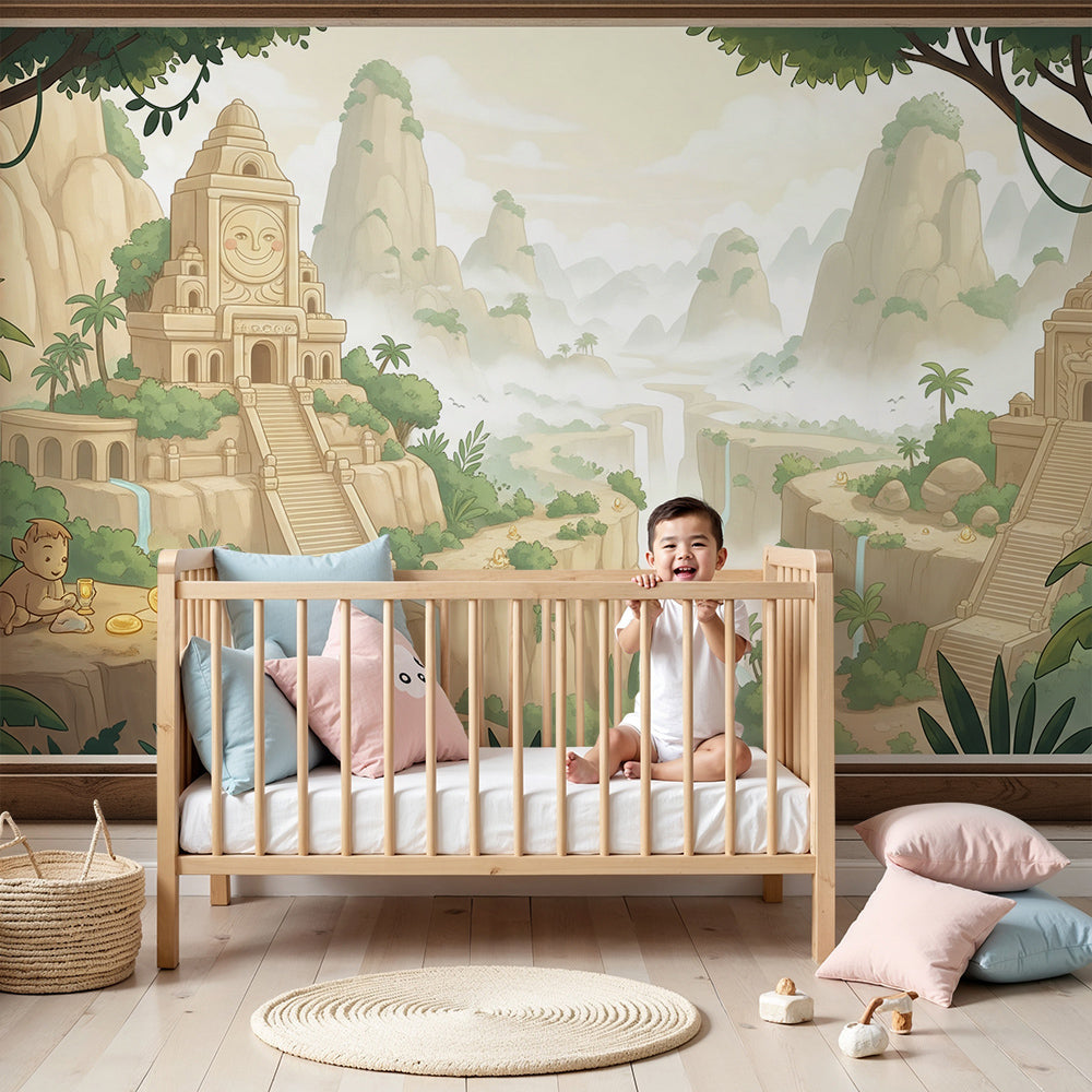 Kids-Mundo ancient jungle temple wall mural styled behind a cot in a warm-toned nursery