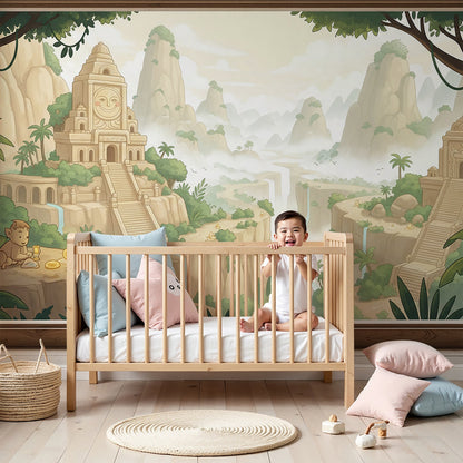Kids-Mundo ancient jungle temple wall mural styled behind a cot in a warm-toned nursery