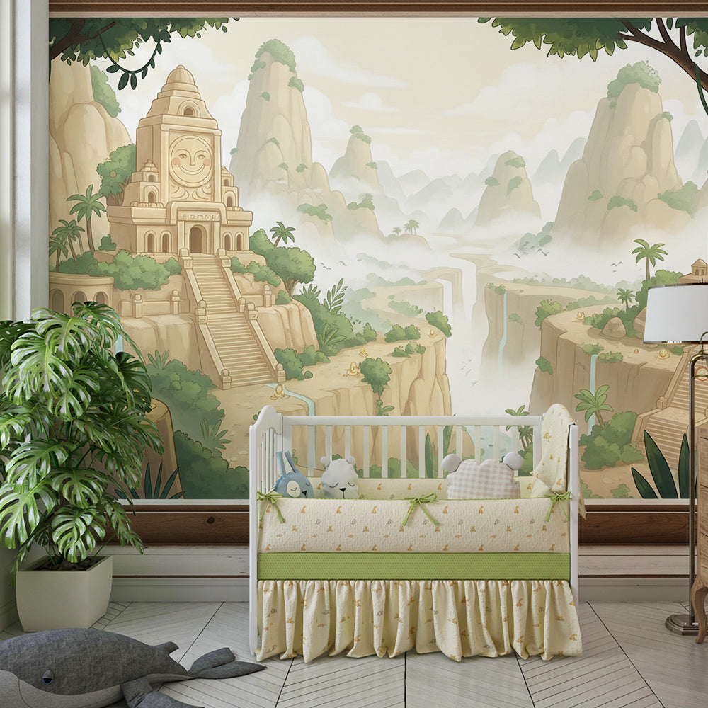 Kids-Mundo ancient temple wall mural with a curious monkey in a children's playroom
