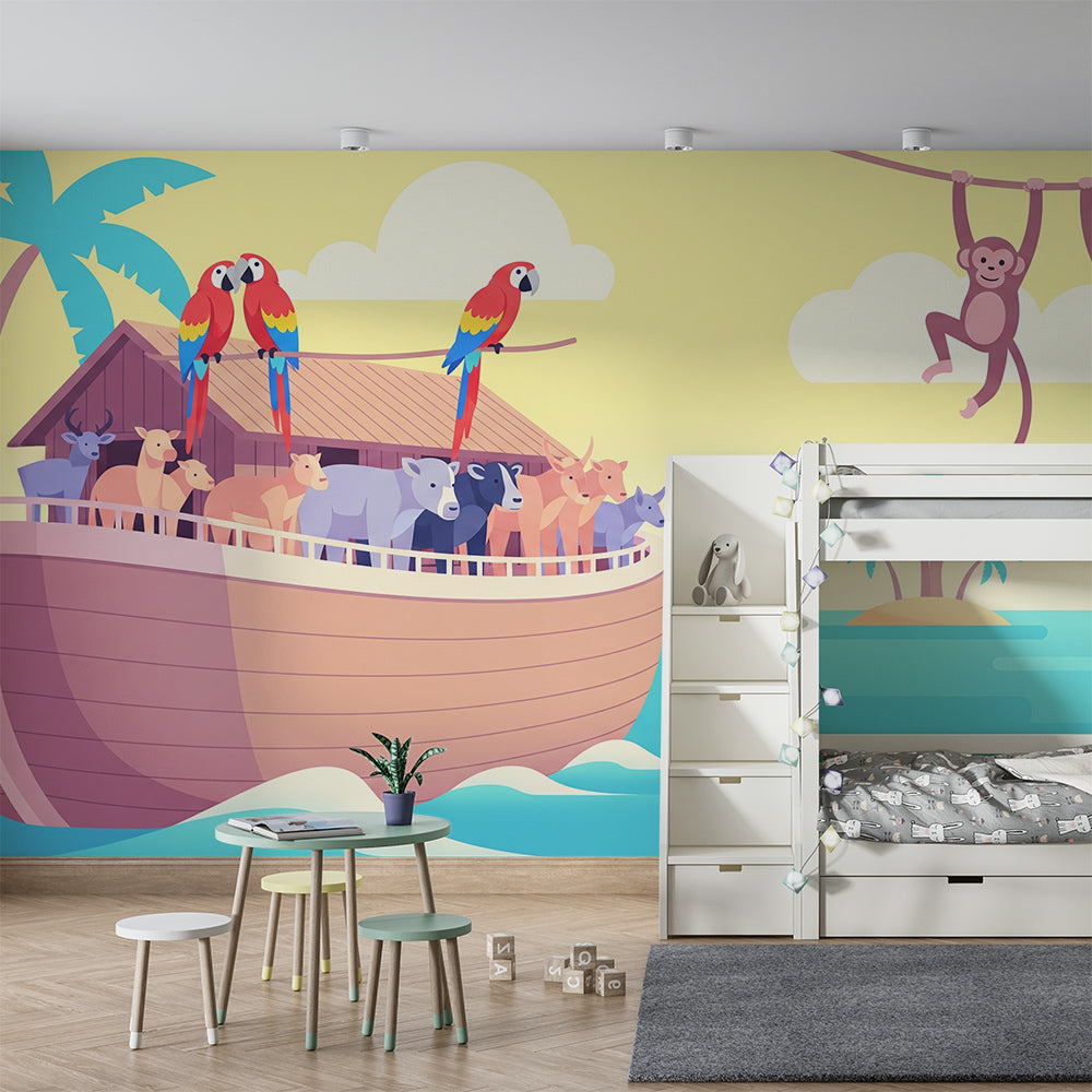 Kids-Mundo ocean animal wall mural behind a bed in an adventure-themed kids bedroom.