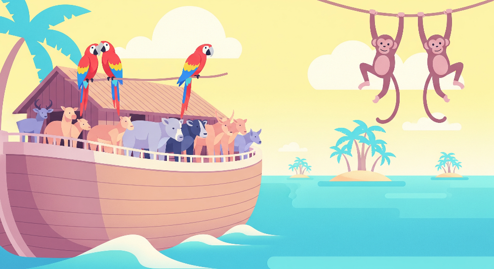Kids-Mundo flat artwork of a boat carrying animals with monkeys and macaws over the ocean.