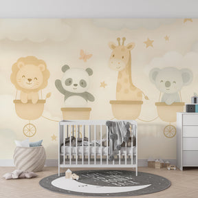 Sky journey animal wallpaper creating magical atmosphere in children's bedroom decor