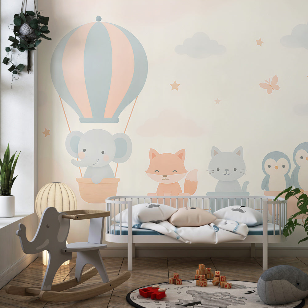 Hot air balloon animal wallpaper creating magical children's bedroom atmosphere