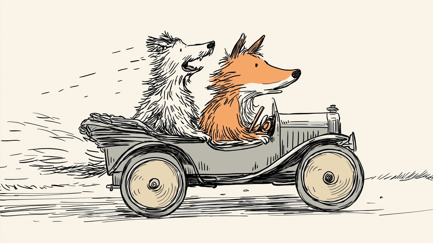 Detailed animal adventure mural wallpaper design pattern showing dog and fox vintage car illustration by Kids-Mundo