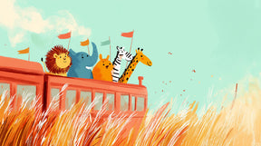 Detailed animal safari train mural wallpaper design pattern showing happy animals by Kids-Mundo