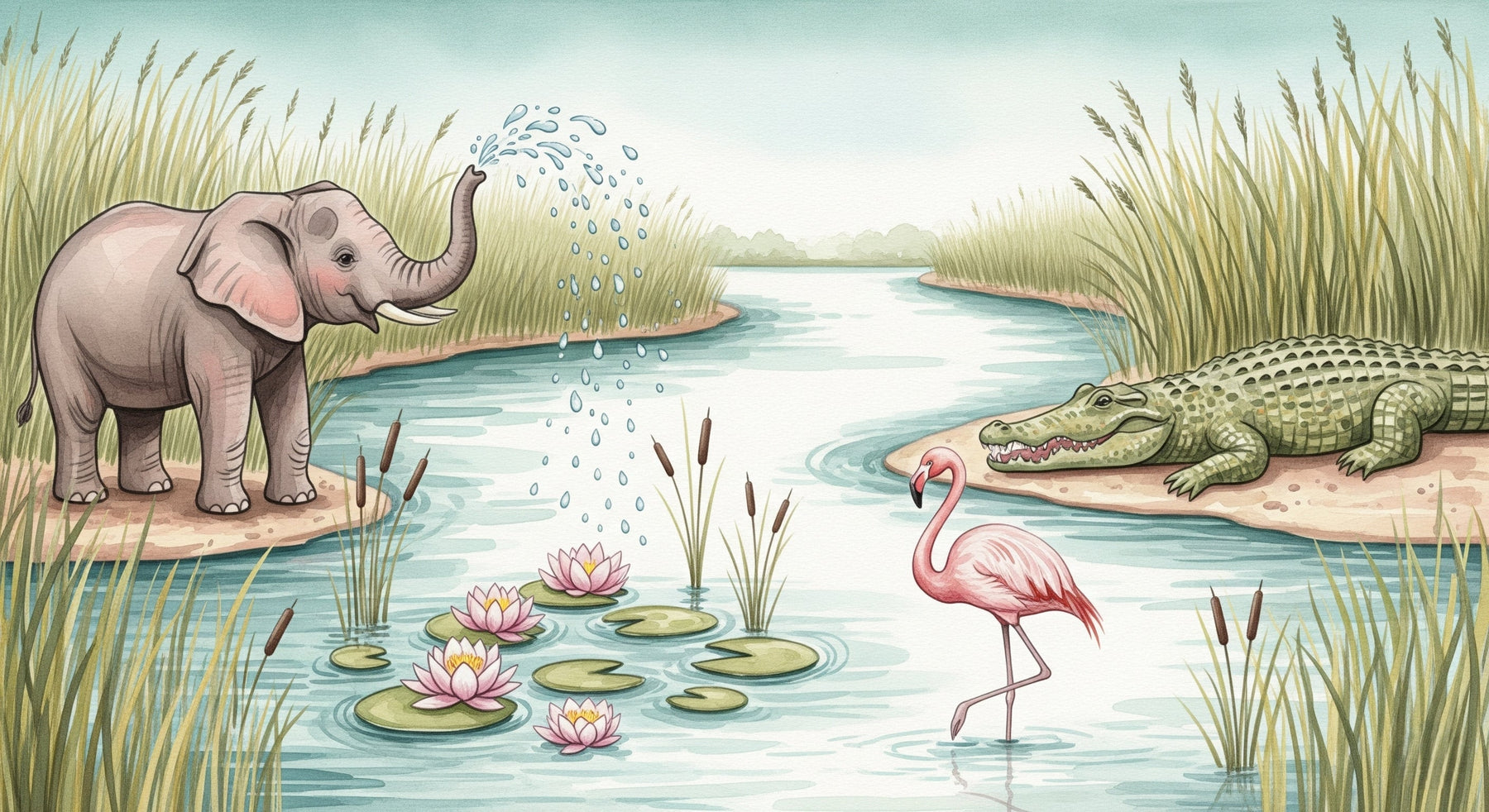 Detailed waterside animal adventure mural wallpaper design pattern featuring elephant, flamingo and crocodile by Kids-Mundo