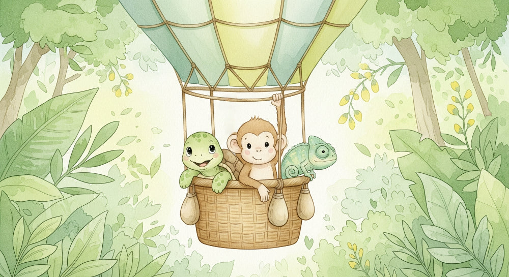 Detailed animal safari hot air balloon mural wallpaper design pattern featuring monkey turtle chameleon by Kids-Mundo
