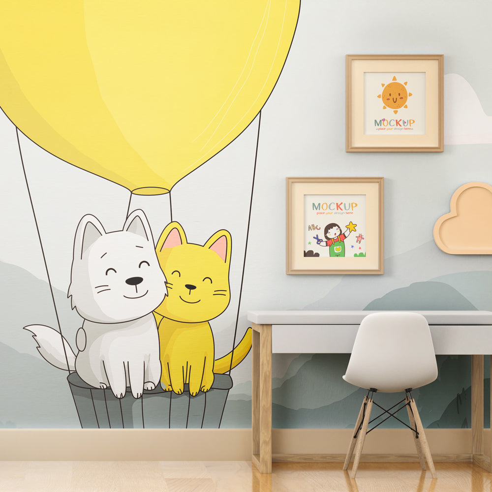 Children's bedroom featuring hot air balloon wallpaper with adorable animal friends