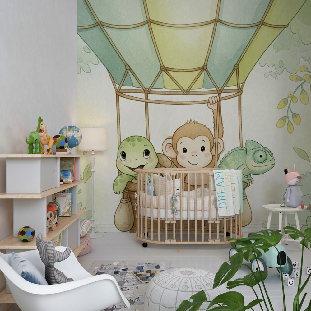 Safari animals hot air balloon wallpaper creating magical children's bedroom decor with jungle theme